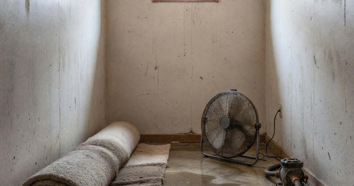 A basement after a minor flood with a wet carpet rolled up and a fan drying the floor, illustrating raising your home insurance deductible in Canada.