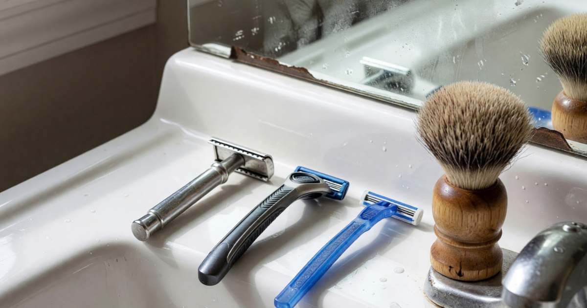 A safety razor, a cartridge razor and a disposable razor lined up on a sink edge, illustrating razor costs per shave in Canada.