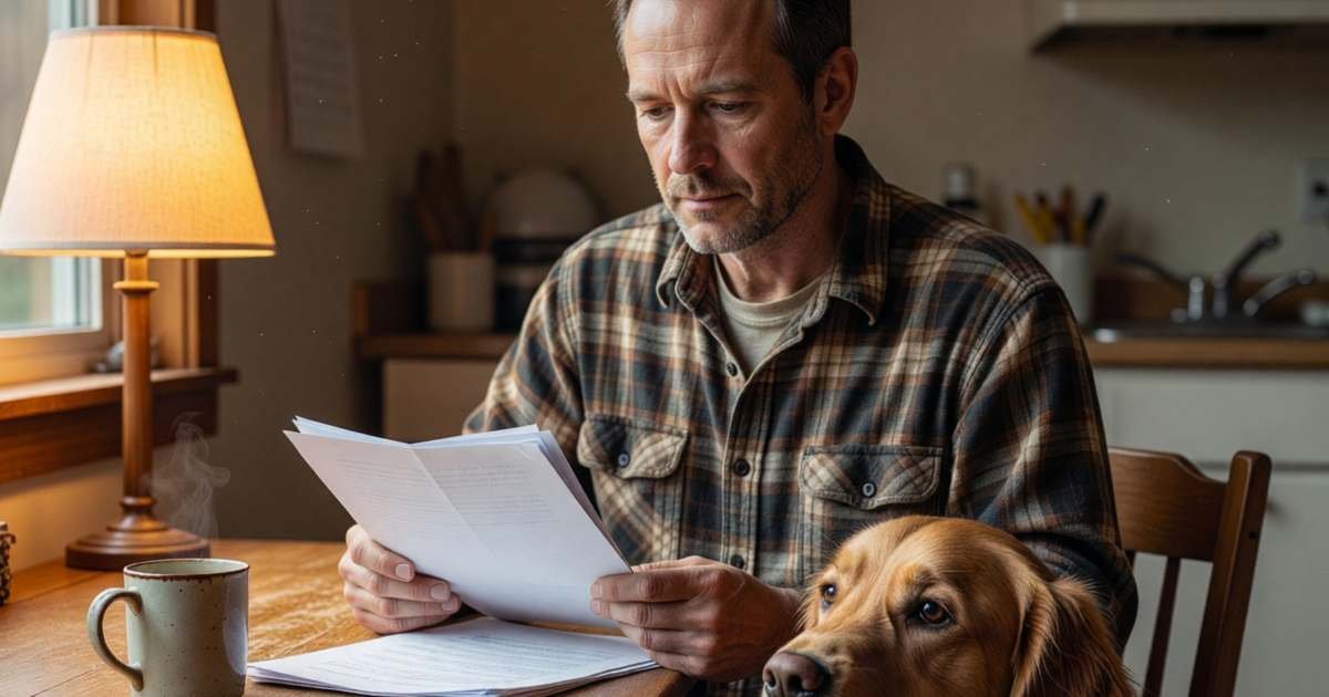 A man reading through a plain document at his kitchen table while his golden retriever rests its head on his knee, illustrating reading a pet insurance policy in Canada.