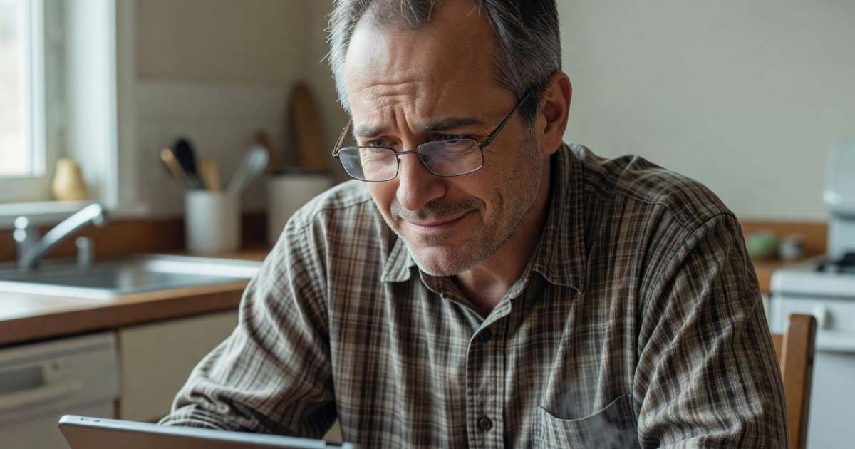 A man in his fifties reading glasses on, looking closely at a tablet on his kitchen table with a puzzled then understanding expression, illustrating reading TFSA contribution room in CRA My Account.