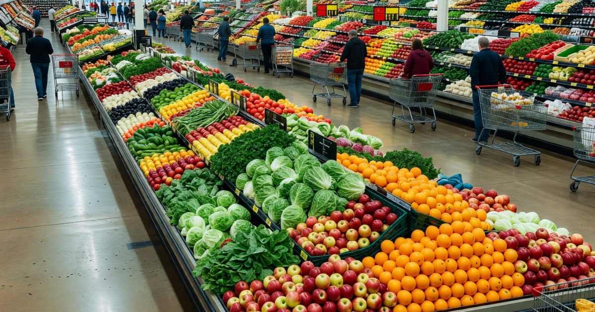 A huge supermarket floor seen from the entrance with wide aisles, a large produce section and shoppers with carts in the distance, illustrating Real Canadian Superstore vs No Frills.