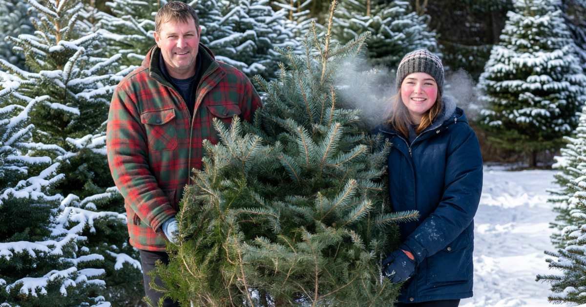A father and teenage daughter carrying a freshly cut fir tree between them through a snowy Christmas tree lot, illustrating real vs artificial Christmas tree costs in Canada.