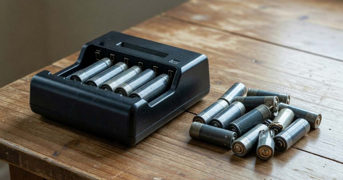 A charger with rechargeable batteries next to a small pile of used disposable batteries, illustrating rechargeable versus disposable batteries.