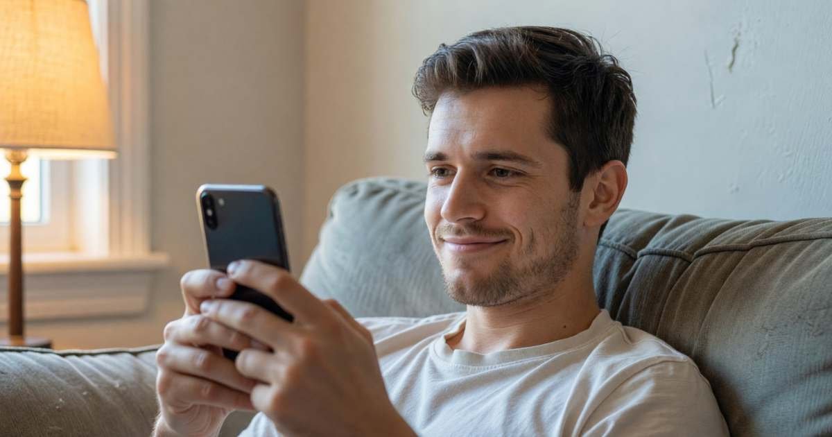 A young man on his sofa reading on his phone with a skeptical half-smile, illustrating using RedFlagDeals internet threads without chasing dead deals.