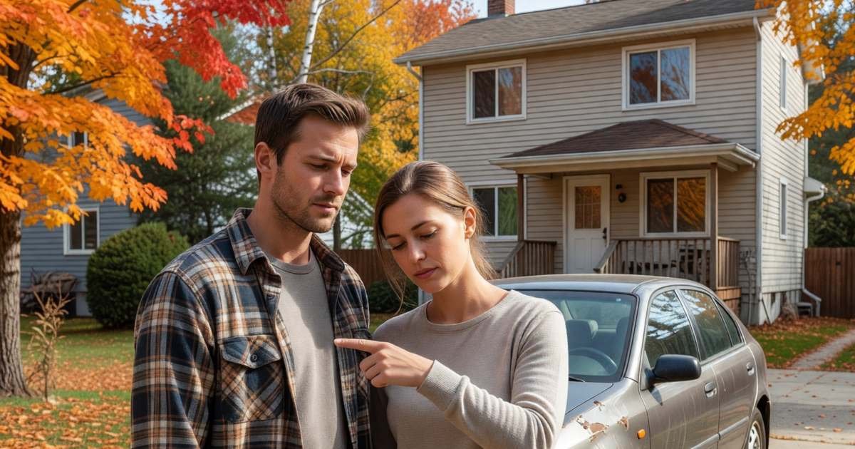 A couple in their thirties standing by their modest compact car in a driveway, the woman pointing at the car thoughtfully, illustrating lowering a Canadian auto insurance premium legally.