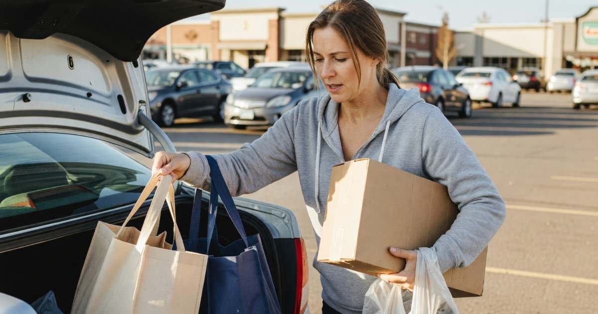 A woman loading grocery bags, a dry-cleaning bag and a parcel into her car trunk in one trip, illustrating errand batching to cut driving kilometres in Canada.