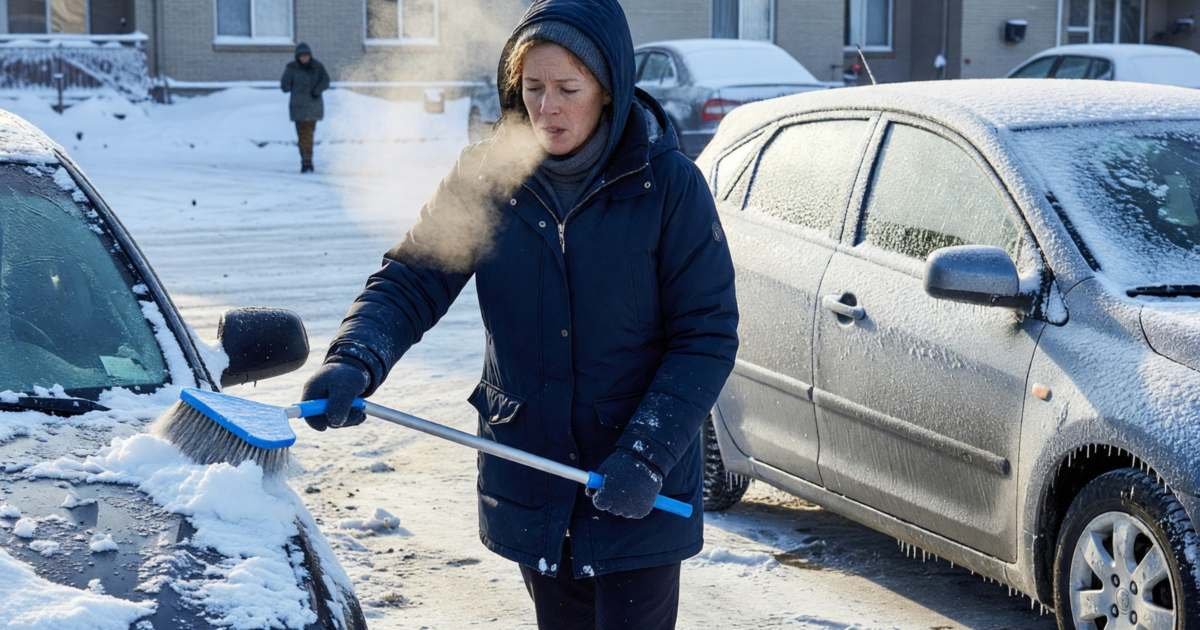 A woman brushing heavy snow off her car windshield with a snow brush in the morning, illustrating cutting winter car maintenance costs in Canada.