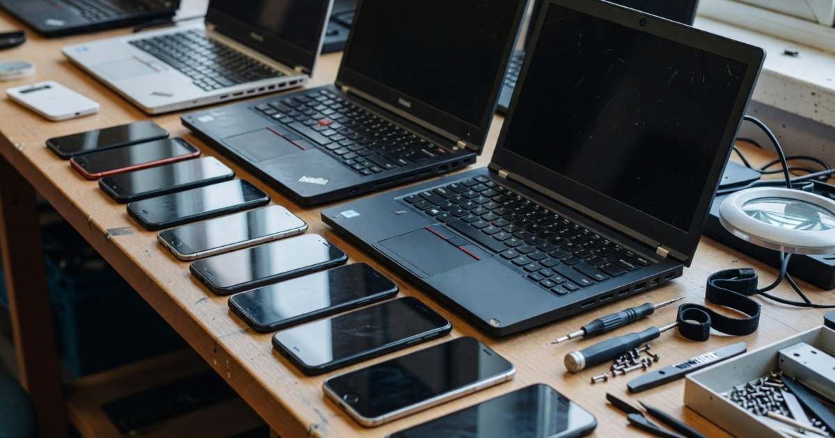 Refurbished laptops and phones lined up on a clean workbench with a technician's tools, illustrating refurbished phones and laptops in Canada.