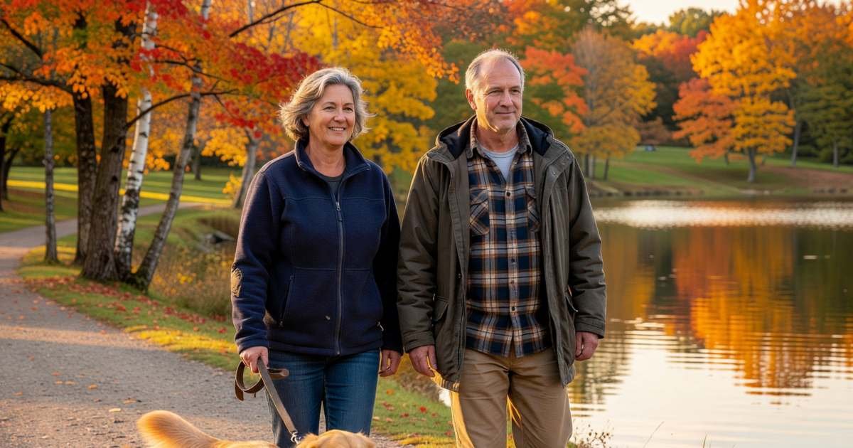 A couple in their fifties walking their dog by a lake at sunset, illustrating renewing, converting or replacing term life insurance before it expires.