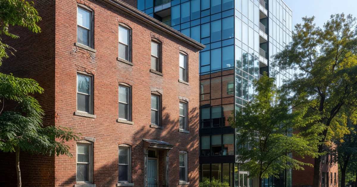 An older three-storey brick walk-up apartment building beside a new glass rental tower, illustrating rent-controlled versus exempt units in Ontario.