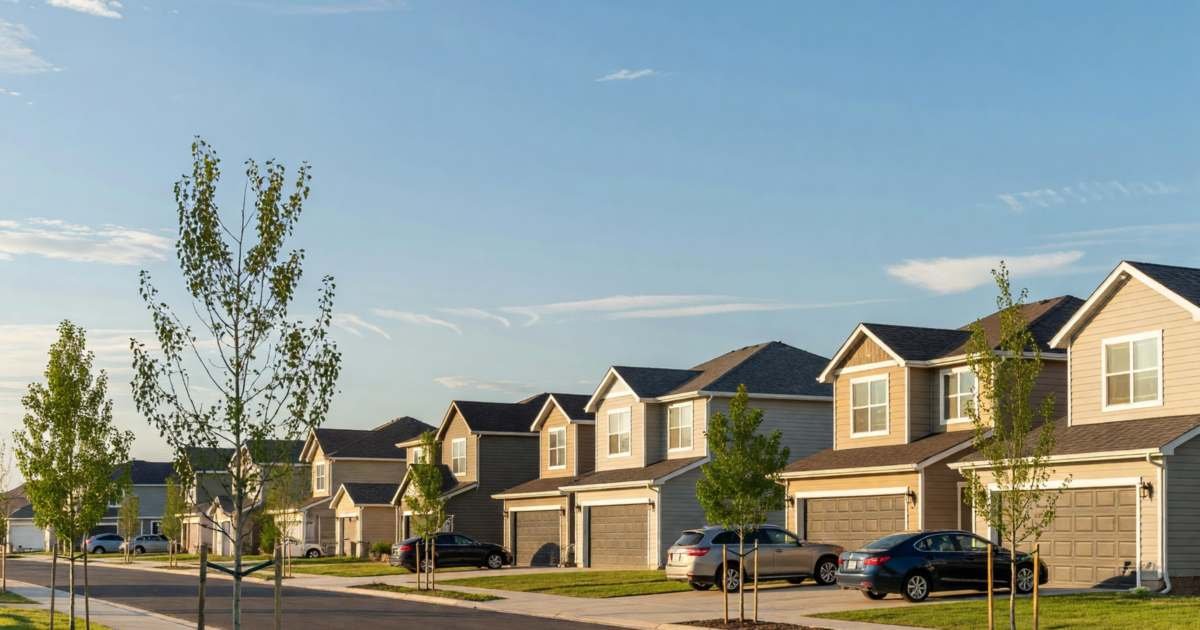 A new suburban street of two-storey homes with attached garages under a big prairie sky, illustrating renting versus buying in Calgary and Edmonton.