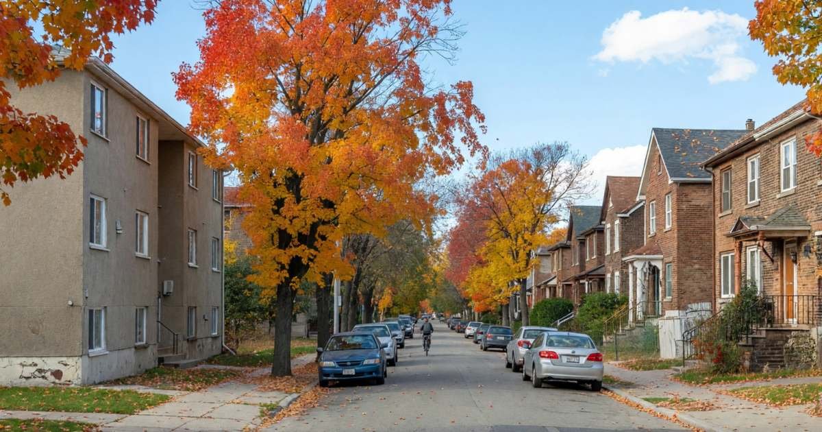A residential street with a low-rise rental apartment building on one side and a row of brick semi-detached houses on the other, illustrating the rent-vs-buy decision in Canada.