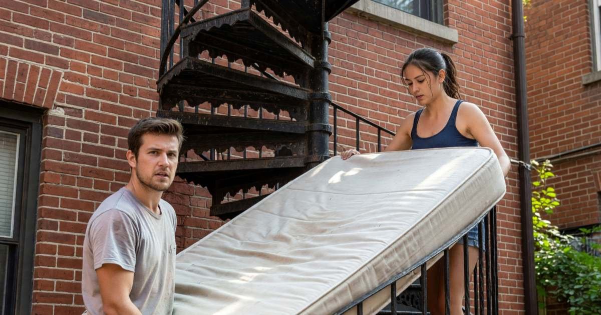 A young couple carrying a mattress up an outdoor spiral staircase of a Montréal plex, illustrating renting versus buying in Montréal.