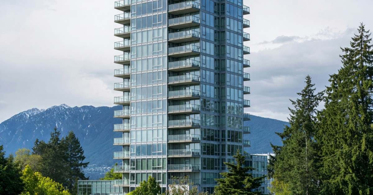 A glass condo tower with balconies and mountains behind it, illustrating renting versus buying in Metro Vancouver and strata fees.