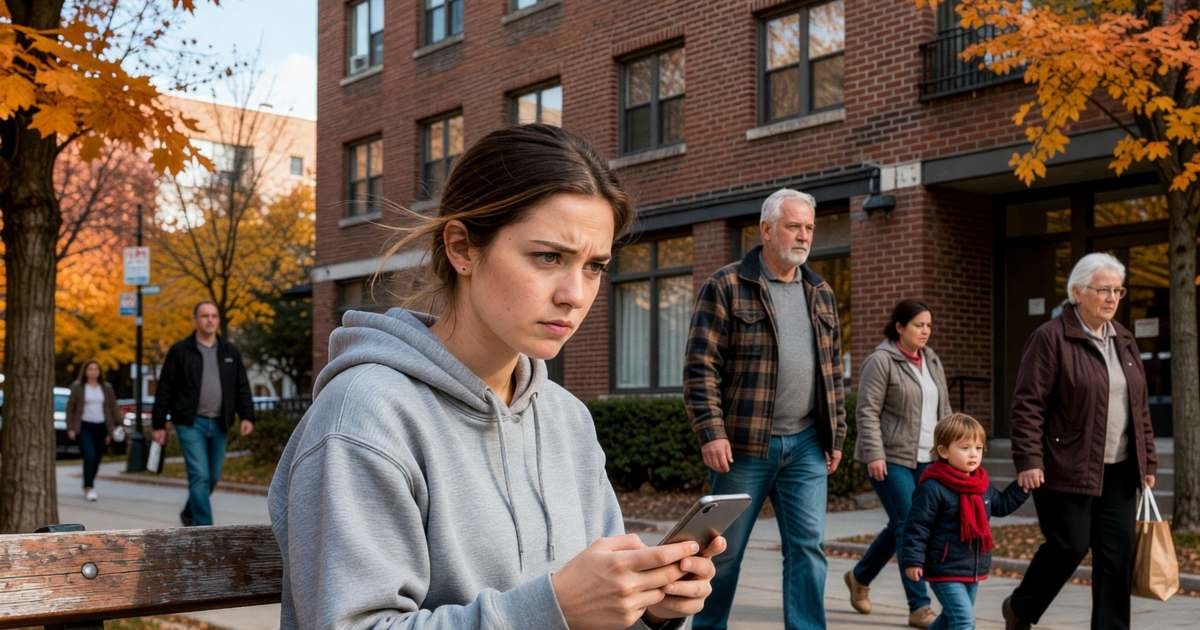 A young woman sitting on a bench outside an apartment building, looking at her phone with a sceptical expression, illustrating avoiding rental scams on Kijiji, Facebook Marketplace and PadMapper.