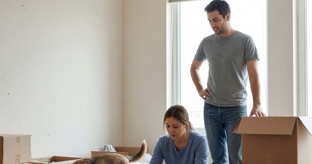 A young couple unpacking in a new apartment while their dog explores the empty rooms, illustrating renting with pets in Ontario.