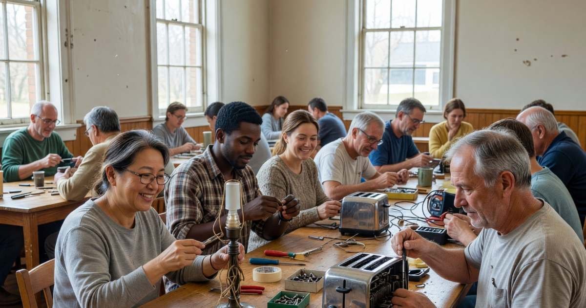 Volunteers fixing a lamp and a toaster at tables in a community repair café, illustrating repair cafés and DIY appliance repair in Canada.