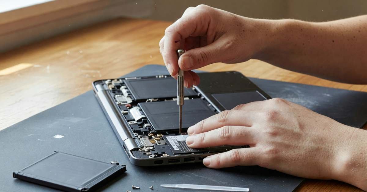 Hands opening the back panel of a laptop with a small screwdriver to replace the battery, illustrating repairing or replacing a laptop.