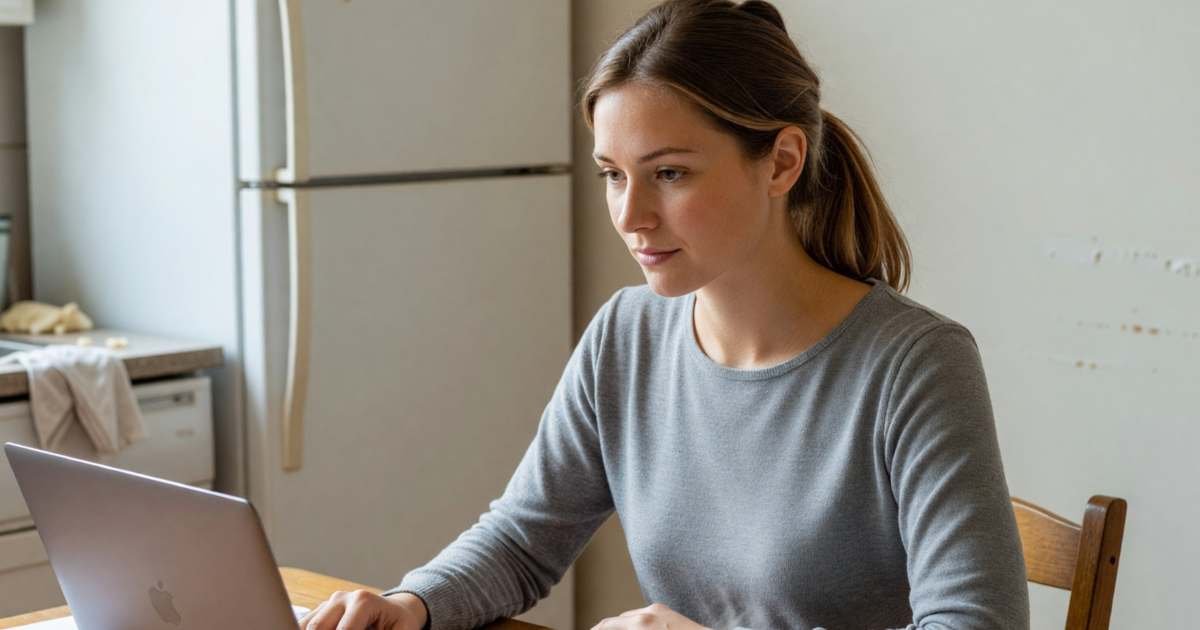 A young woman in her late twenties at her kitchen table calmly paying bills on her laptop, illustrating the Repayment Assistance Plan for Canada Student Loans.