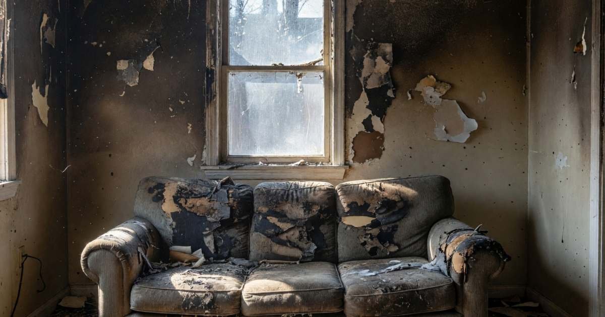 A living room with smoke damage, soot on the walls and a scorched sofa, illustrating replacement cost versus actual cash value insurance.
