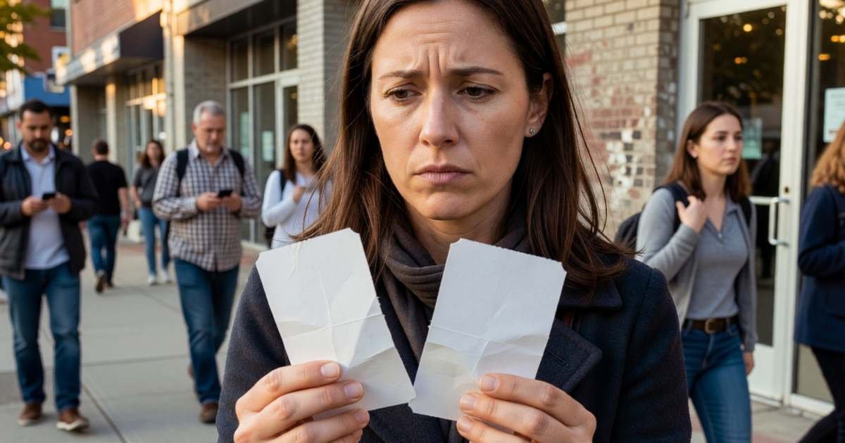 A woman checking a pair of paper concert tickets suspiciously in her hand, illustrating buying resale tickets without getting scammed.