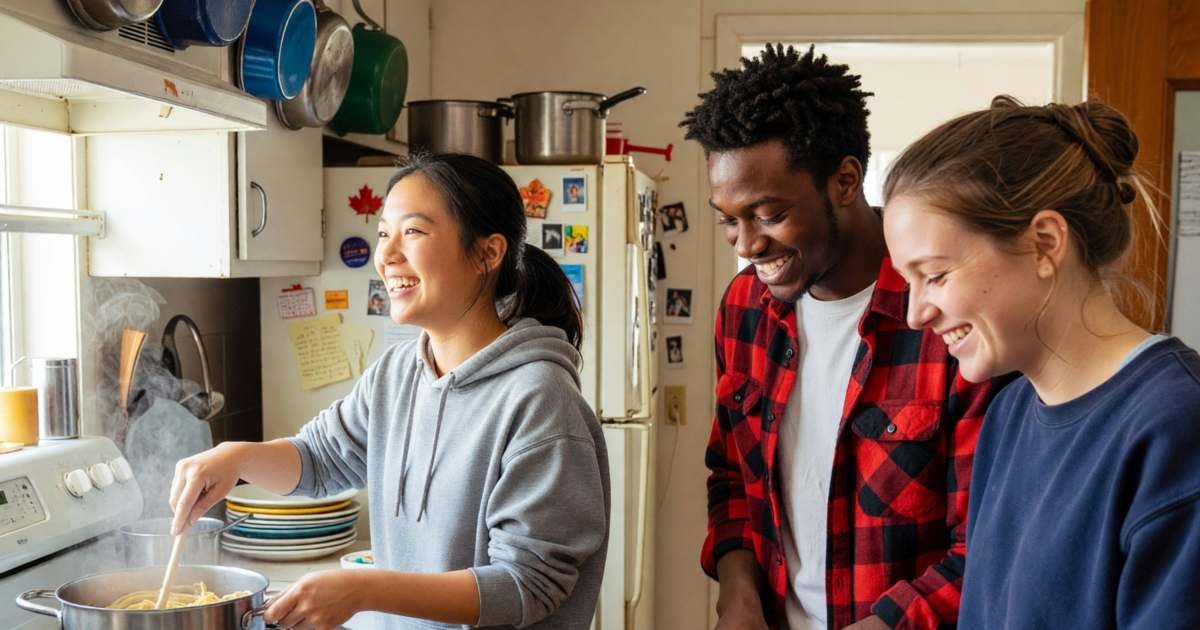 Three university students cooking together in a shared residence kitchen, one stirring pasta and two chopping vegetables, illustrating grocery strategy for students in residence and shared kitchens.