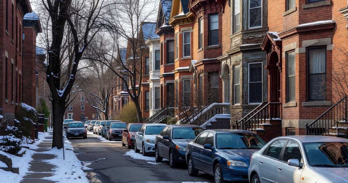 A narrow residential street lined with parked cars beside Victorian row houses, illustrating Toronto residential parking permits.