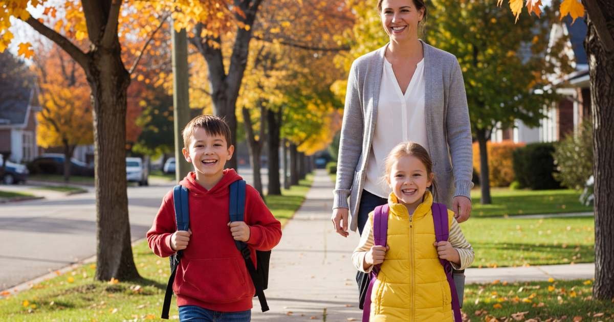 A mother walking her two kids to school along a leafy sidewalk, the kids with backpacks running ahead, illustrating building a $2,500 RESP contribution calendar to get the CESG.