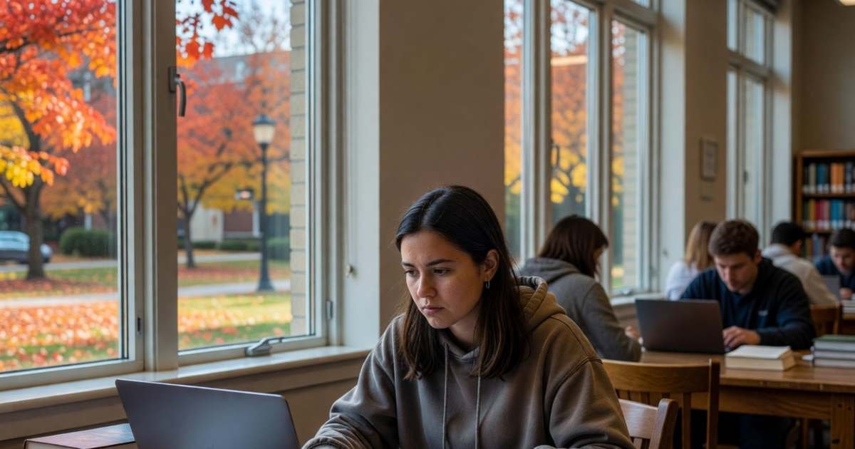 A university student in a campus library studying with her laptop and textbooks, illustrating RESP withdrawals, EAP versus PSE.