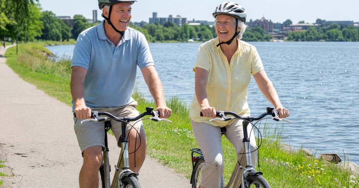 A retired couple in their early sixties cycling on a paved lakeside path, illustrating bridging health benefits before 65 in Canada.