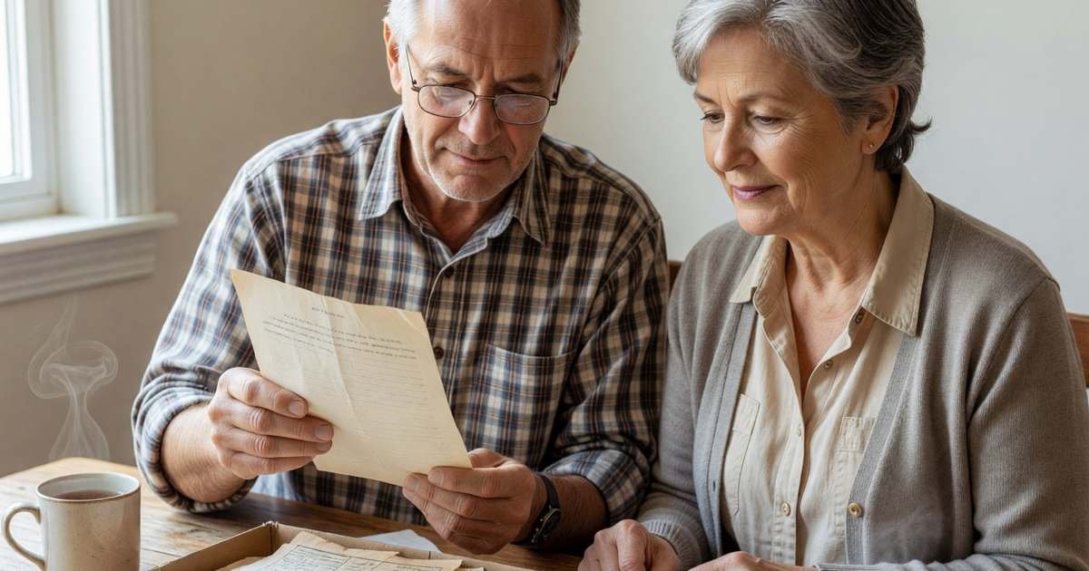 A retired couple sorting a shoebox of old papers at the dining table, the man holding up one sheet, illustrating retirement insurance review in Canada.