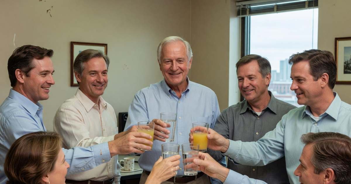 Coworkers raising glasses at a retirement party for a smiling man in his sixties, illustrating retirement party costs and who pays.
