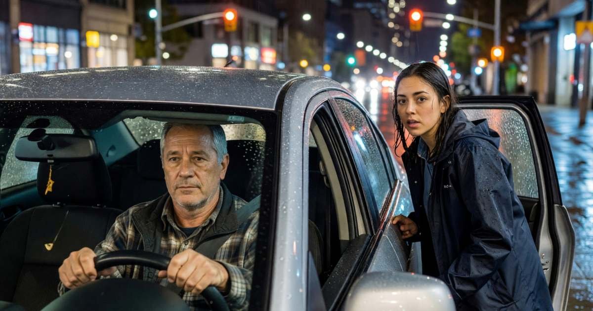 A rideshare driver in his car picking up a passenger at a downtown curb at night, illustrating rideshare insurance gaps when driving for Uber or Lyft.