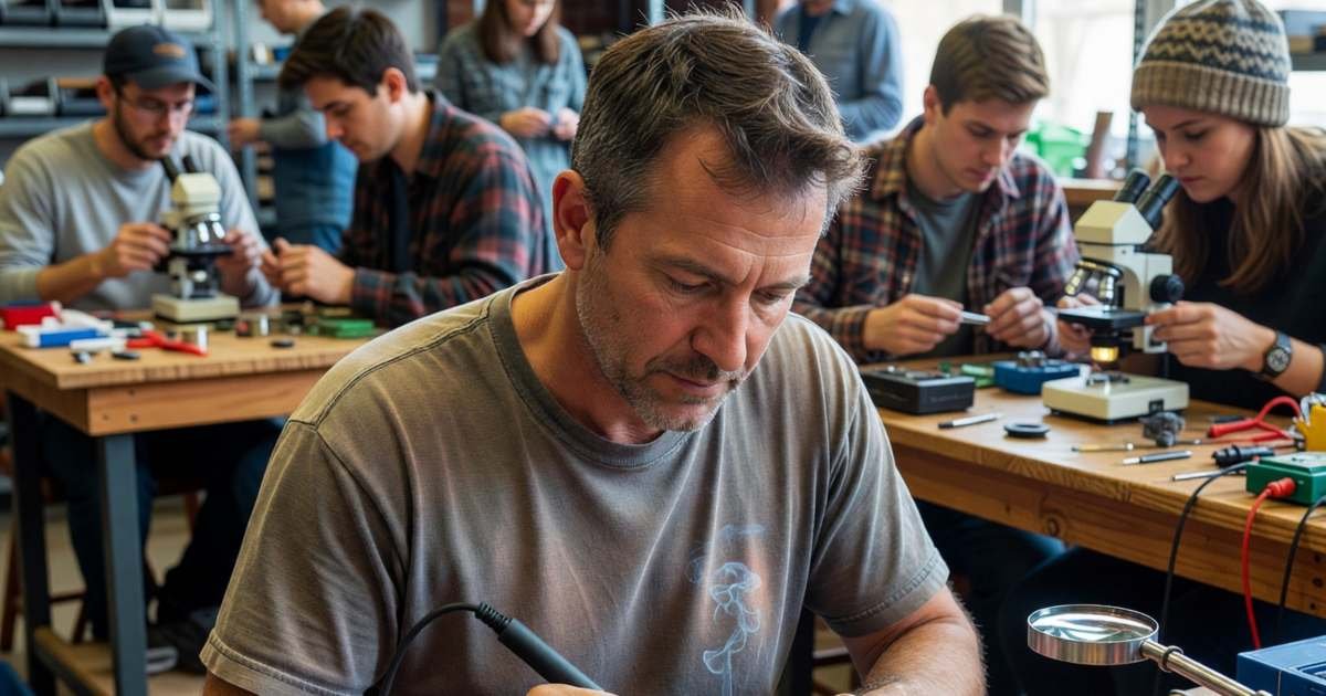 A man soldering a small circuit board at a community repair workshop, illustrating right to repair in Canada.