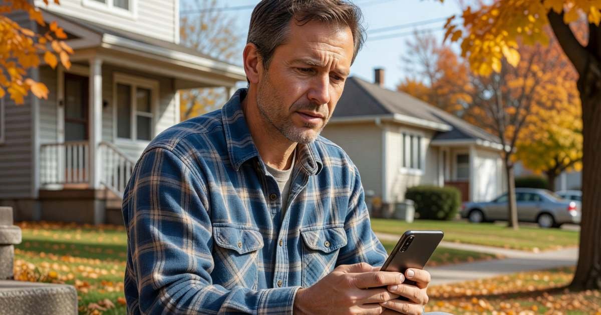 A man sitting on his front step looking at his phone bill on his phone with a puzzled look, illustrating auditing Rogers and Bell streaming add-ons on your phone bill.