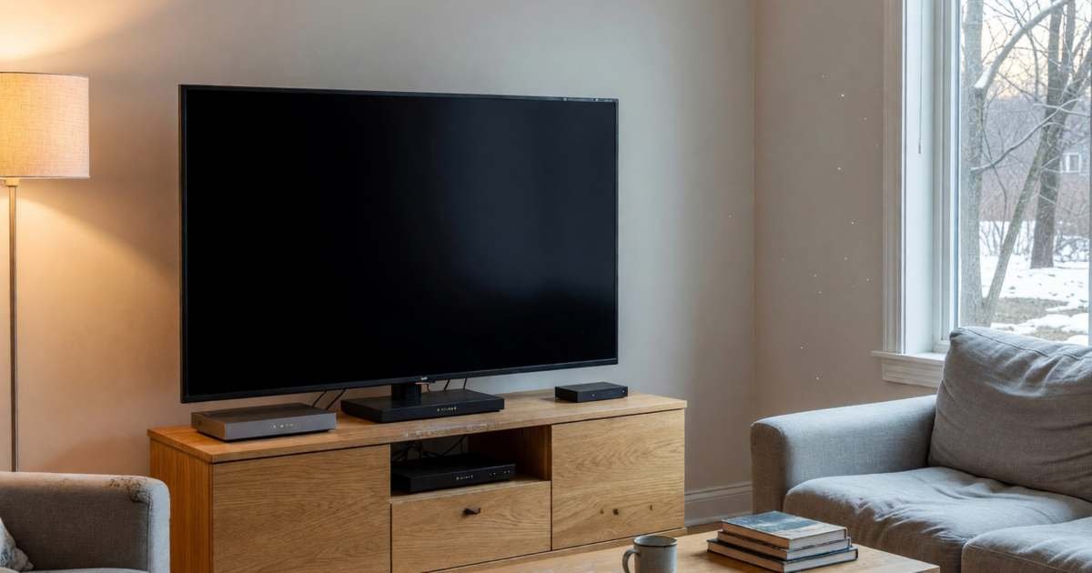 A modern living room with a large TV turned off, a sleek modem and a streaming box on the console, illustrating Rogers Ignite home internet, speeds and gateway fees.