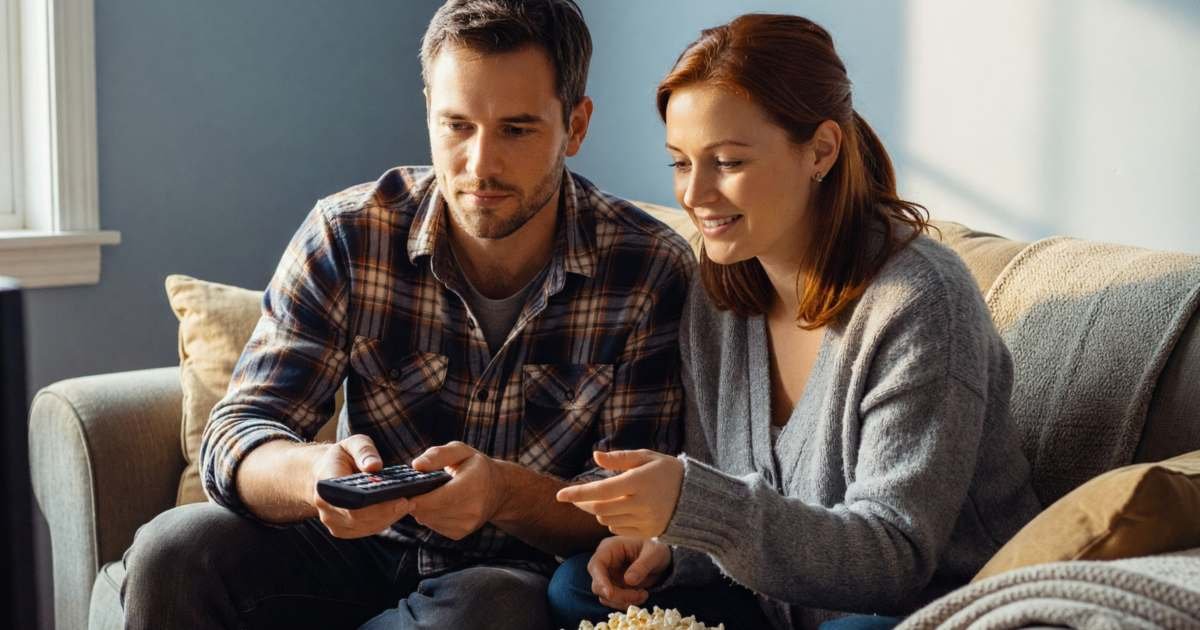 A couple on a sofa choosing what to watch, the man holding a remote, illustrating Rogers Ignite TV versus streaming apps.