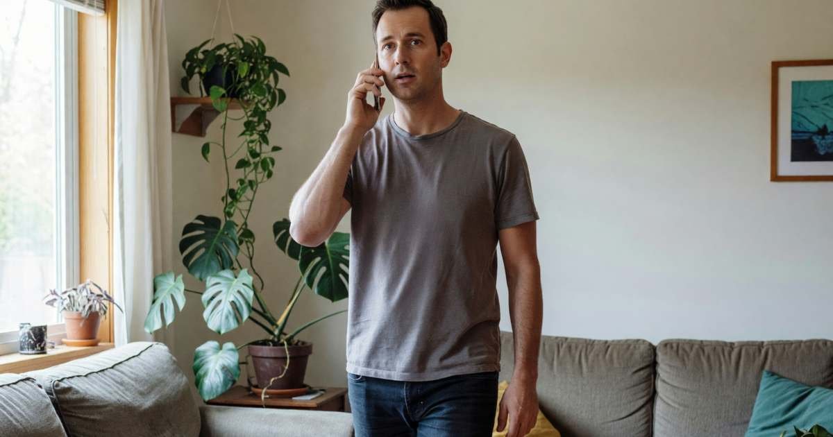 A man on the phone pacing in his living room, calm and confident, illustrating running a Rogers internet winback call.