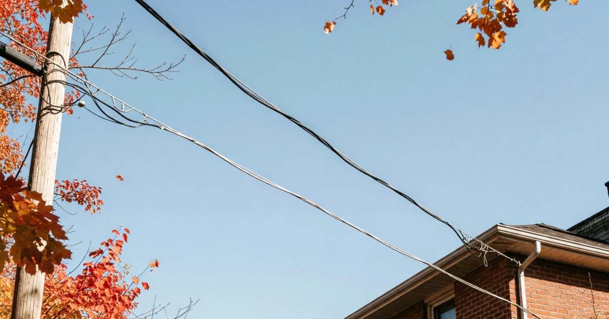 Two overhead cables, one black and one white, running from a pole to the corner of a brick house, illustrating Rogers versus Bell home internet costs.