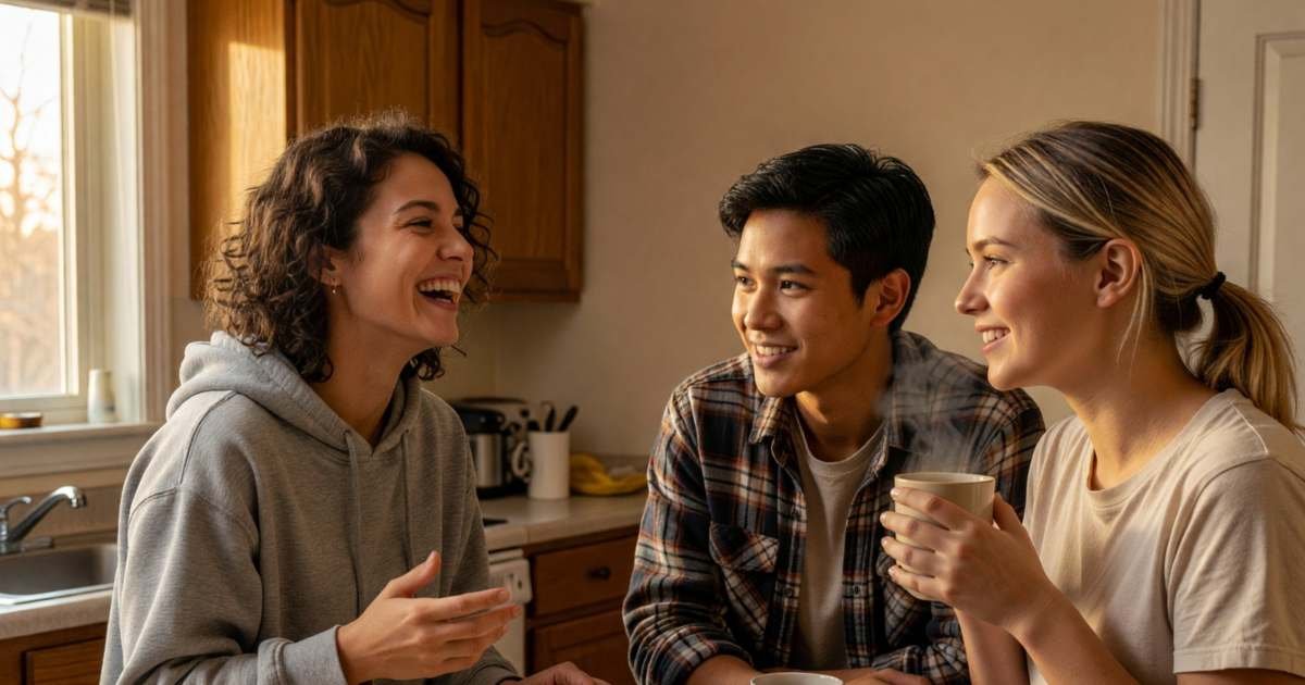 Three roommates in their twenties chatting around a kitchen island, one laughing, illustrating roommate agreements that protect your money in Canada.
