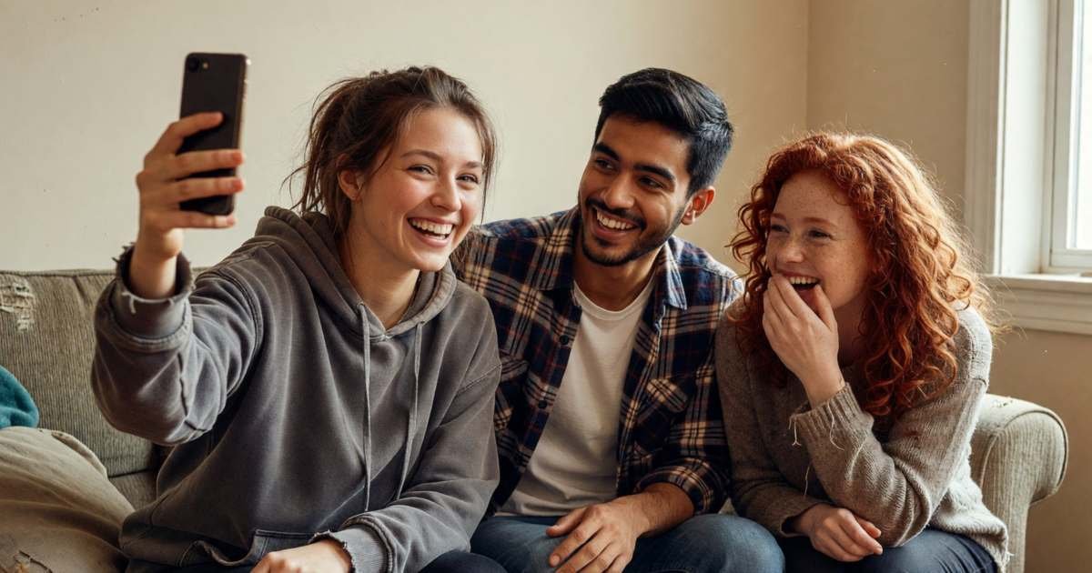 Three roommates sitting on a couch laughing while one holds up a phone to show the others, illustrating splitting the internet bill with roommates.