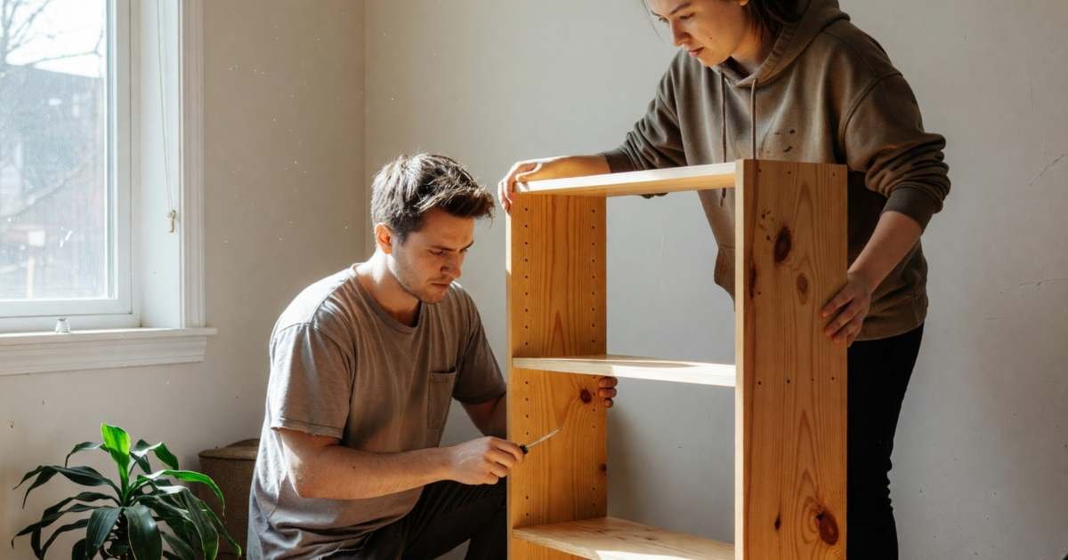 Two roommates assembling a bookshelf together in a small shared apartment living room, illustrating roommate math for Toronto, Vancouver and Montréal rent.