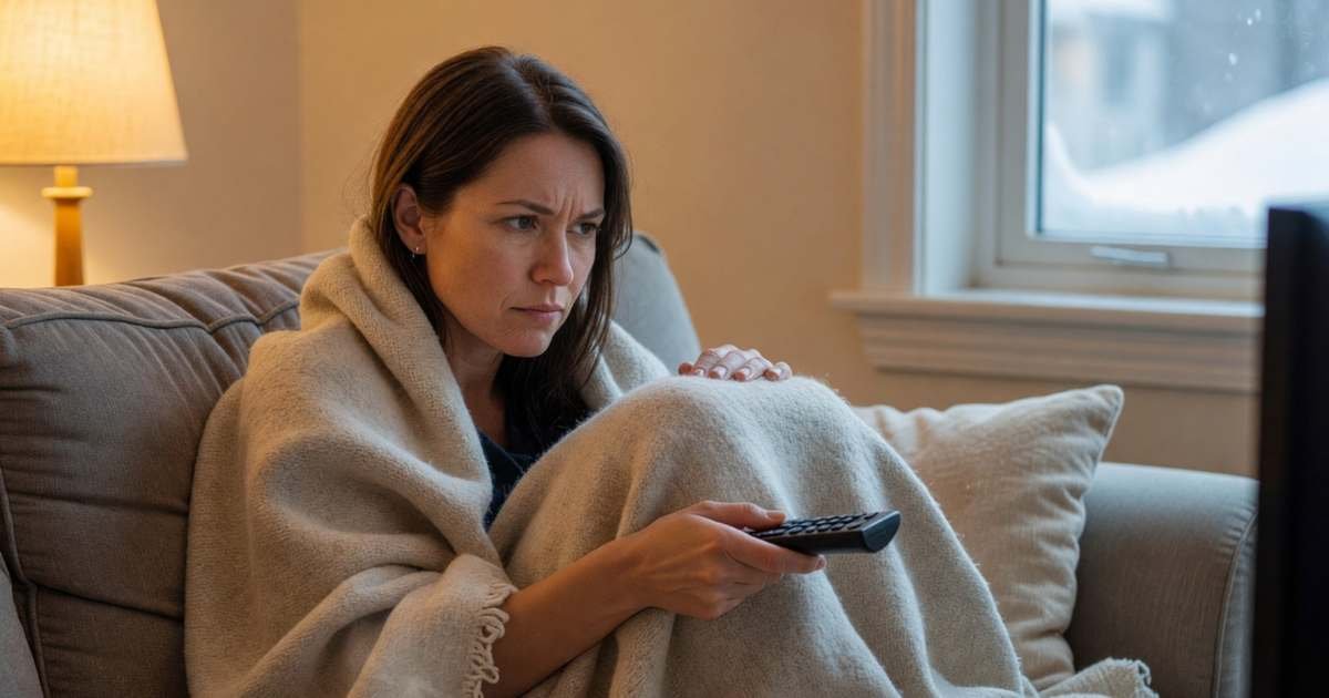 A woman curled up on a sofa under a blanket holding a plain TV remote, deciding what to watch, illustrating rotating streaming services in Canada.