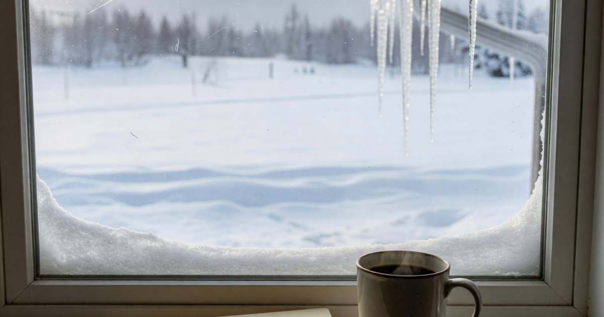 A snowy February morning view through a kitchen window, a mug of coffee and a closed folder on the windowsill, illustrating RRSP contribution timing and the refund loop in Canada.
