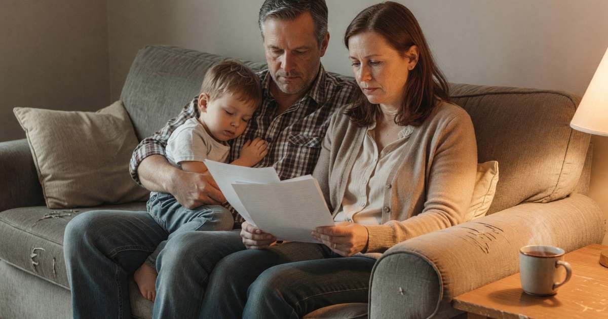 A mother and father sitting together on a living room sofa in the evening reviewing a few plain sheets of paper, a small child asleep against the father's shoulder, illustrating how RRSP contributions can raise the Canada Child Benefit.