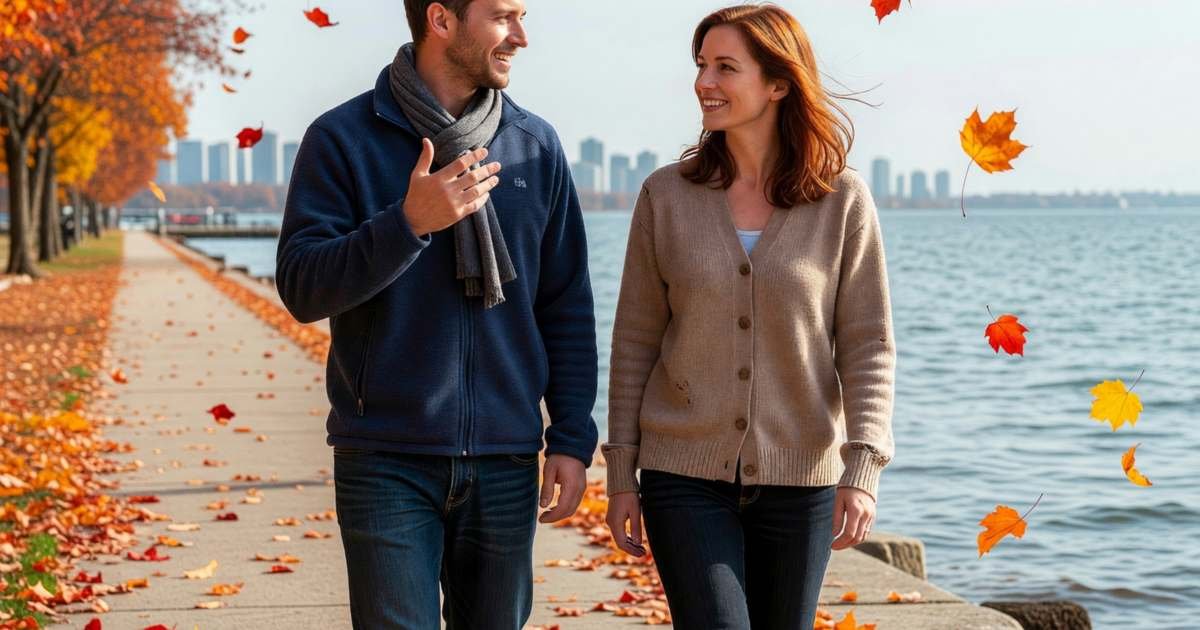 A couple in their thirties walking along a waterfront path, deep in friendly conversation about plans, illustrating RRSP vs TFSA first in Canada.