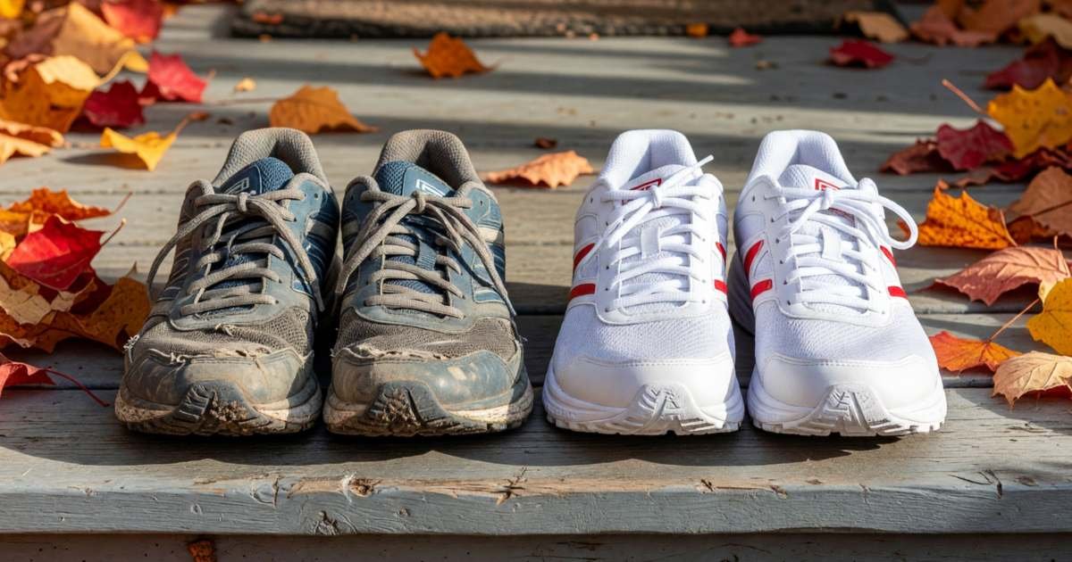 A worn-out pair of running shoes next to a new pair on a porch step, illustrating replacing running and walking shoes at the right time.
