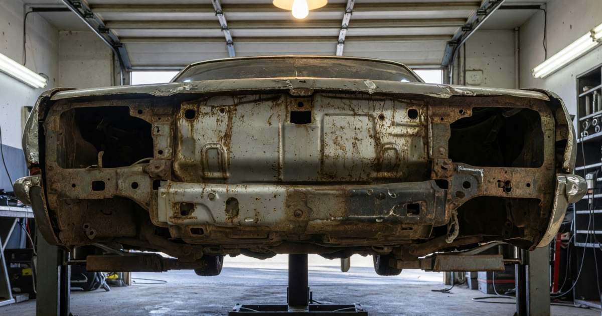 The underside of an older car on a hoist showing rust on the frame and wheel wells, illustrating whether rustproofing is worth it in Canada's salt provinces.