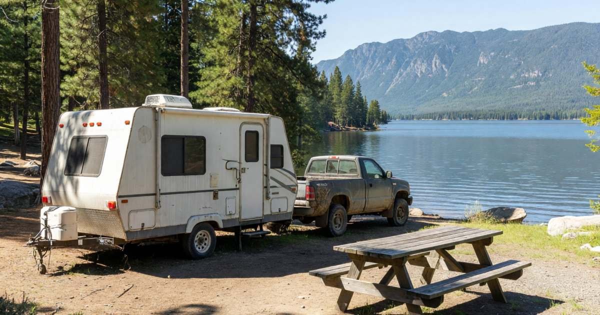 A travel trailer hitched to a pickup at a lakeside campsite with mountains behind, illustrating RV and travel trailer insurance in Canada.