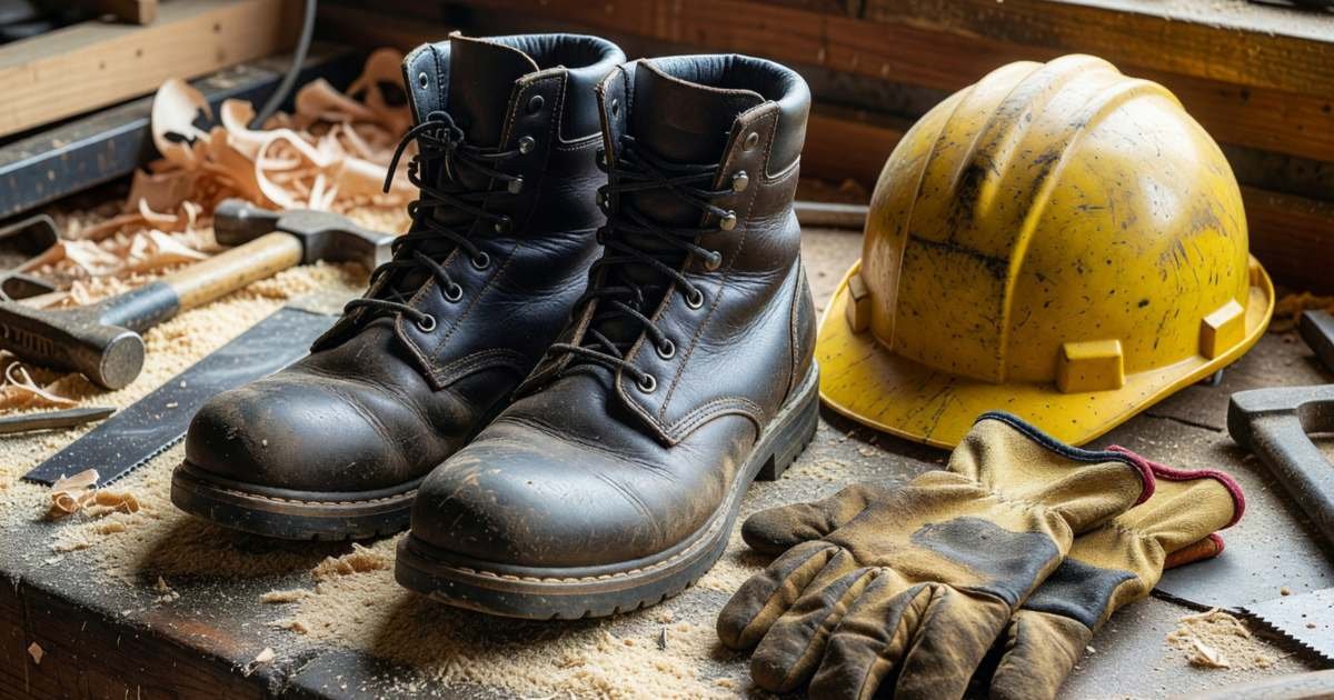 A pair of leather safety boots on a workshop bench beside a hard hat and work gloves, illustrating safety boots, CSA markings and employer allowances.